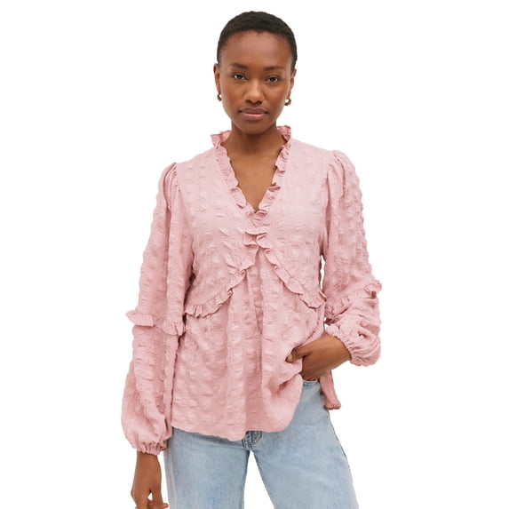 Ellos Plus Size Ruffle Trim V-Neck Babydoll Blouse