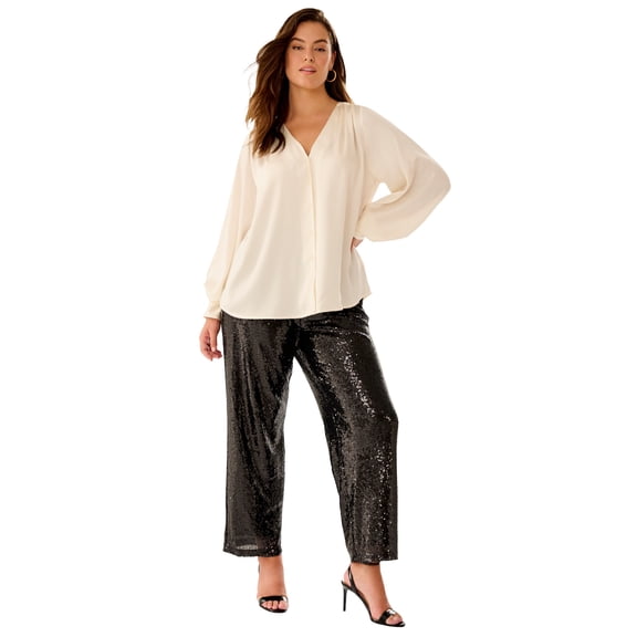 ellos Plus Size Satin Blouson Sleeve Button Front Blouse