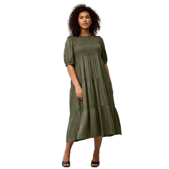 ellos Plus Size Short Sleeve Smocked Bodice Midi Dress