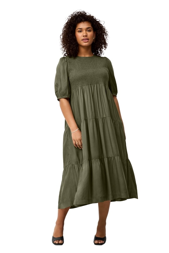 Plus Size Short Sleeve Smocked Bodice Midi Dress