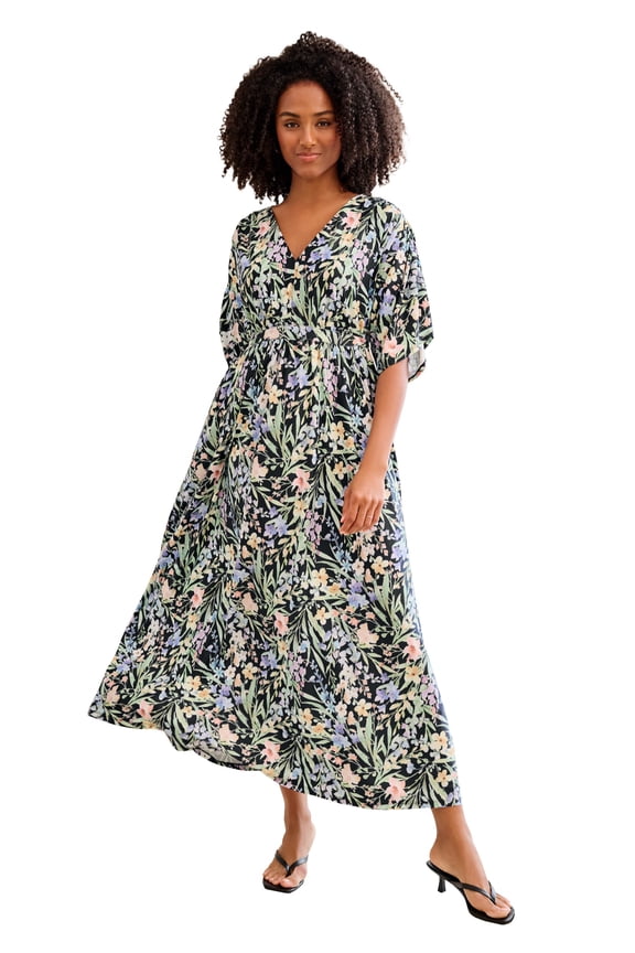 Plus Size Stretch Knit Fit And Flare Elbow-Length Sleeve Tie-Back Maxi Dress