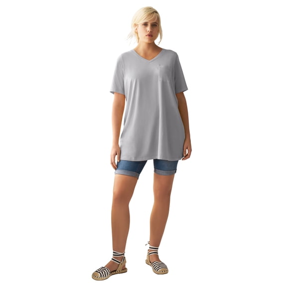 Ellos Plus Size Stretch Knit V-Neck Short Sleeve Chest Pocket Tunic
