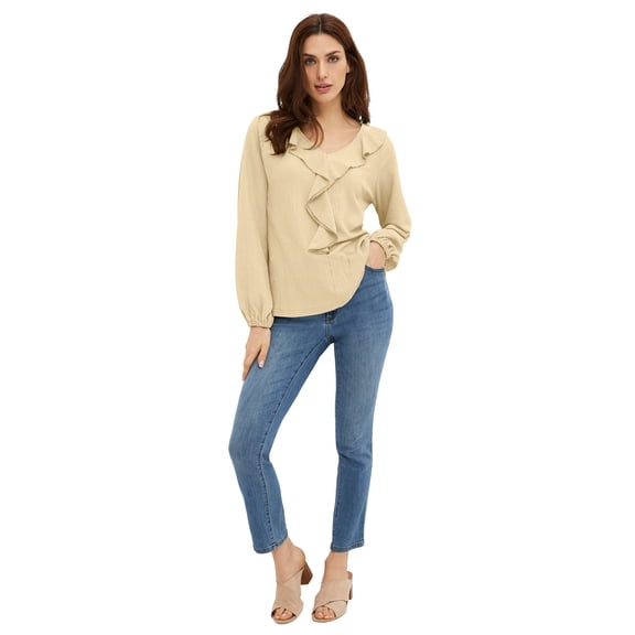 Ellos Plus Size Stretch Textured Knit V-Neck Ruffle Front Top