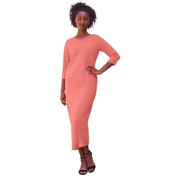 Ellos Plus Size Cotton Spandex Crew Neck 3/4 Sleeve Maxi Dress