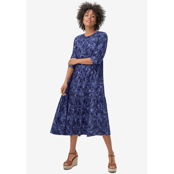 ellos Plus Size Tiered Cotton Midi Dress