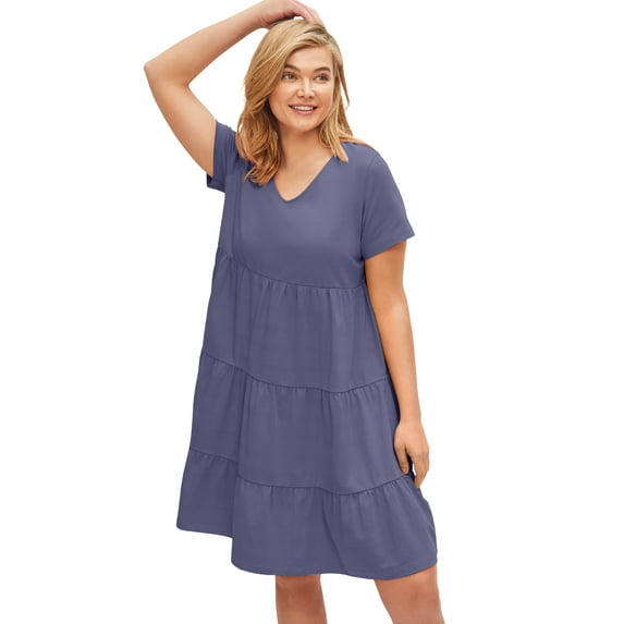 Ellos Plus Size Cotton Spandex V-Neck Short Sleeve Tiered A-Line Dress