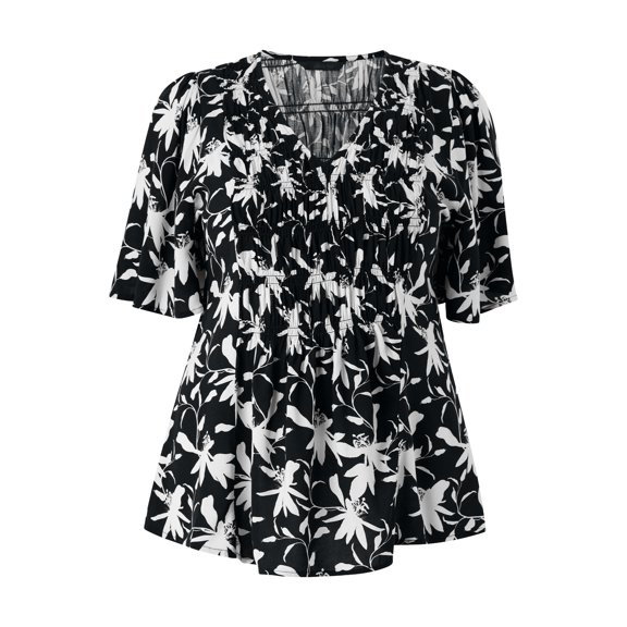 Ellos Plus Size V-Neck A-Line Blouse With Smocked Bodice