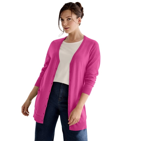 Ellos Plus Size V-Neck Button-Front 100% Cotton Boyfriend Cardigan