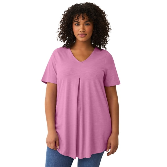 ellos Plus Size V-Neck Inverted Pleat Tunic With Curved Hem