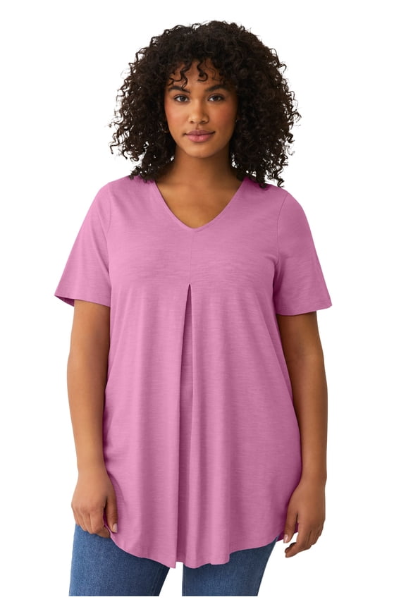 Plus Size V-Neck Inverted Pleat Tunic With Curved Hem