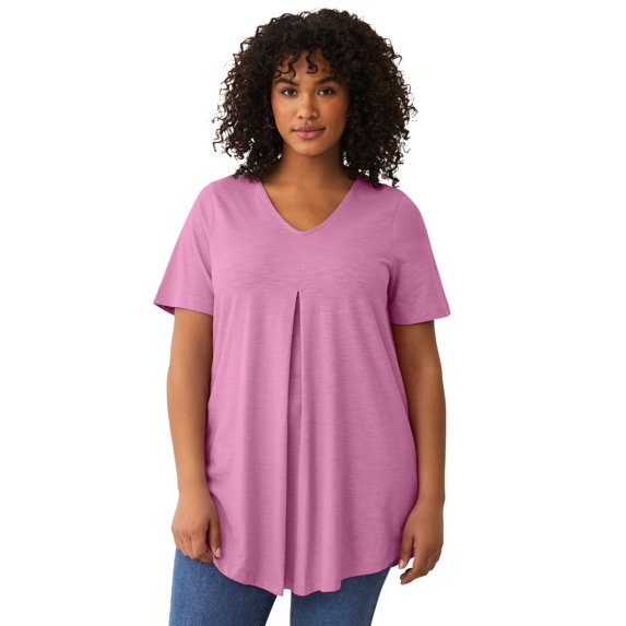 Ellos Plus Size Cotton Jersey Slub V-Neck Inverted Pleat Tunic With Curved Hem