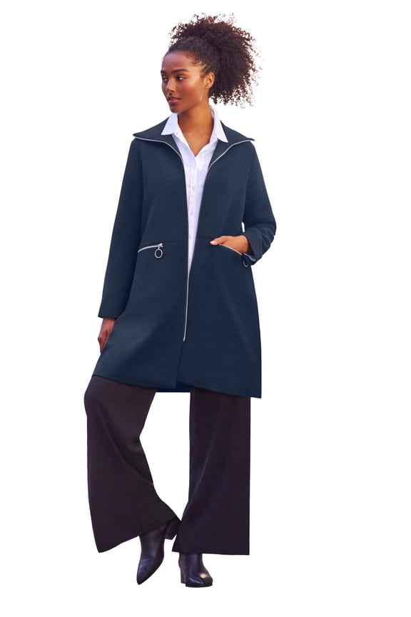 Plus Size Stretch Crepe Zip Front A Line Back Pleat Coat