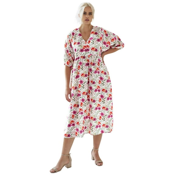 ellos Women's Plus Size Blouson Sleeve Empire Midi Dress - 14/16, White Multi Floral