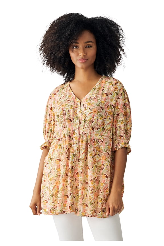Plus Size Crinkle A-Line V-Neck Button-Front Tunic