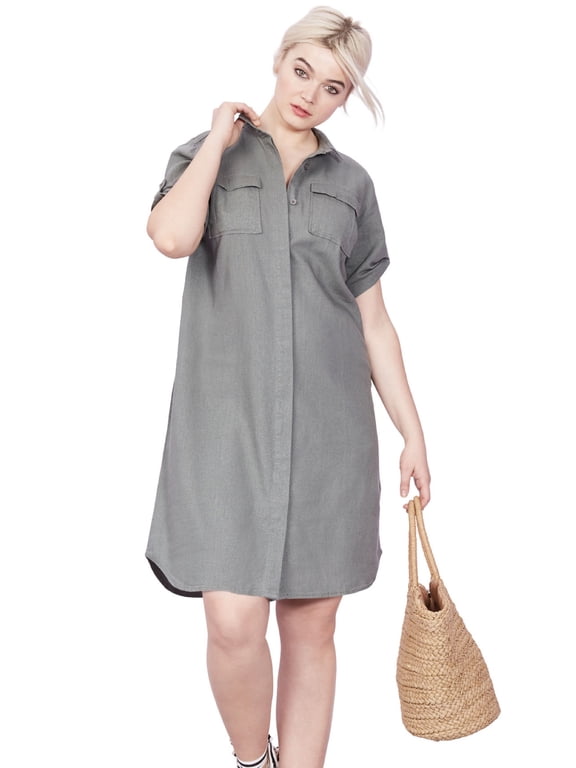 Women's Plus Size Button Front Linen Shirtdress - 24, Olive Grey