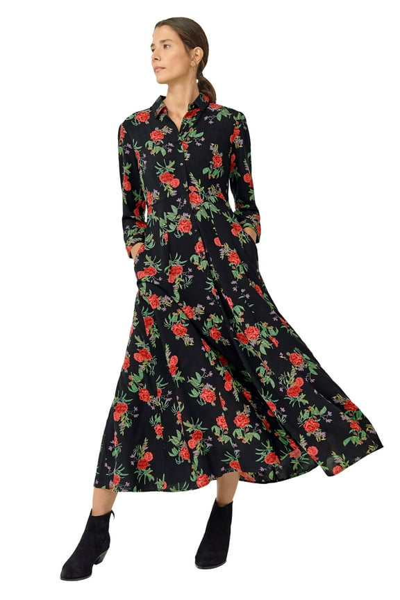 Women's Plus Size Button Front Maxi Shirtdress - 10, Black Red Floral