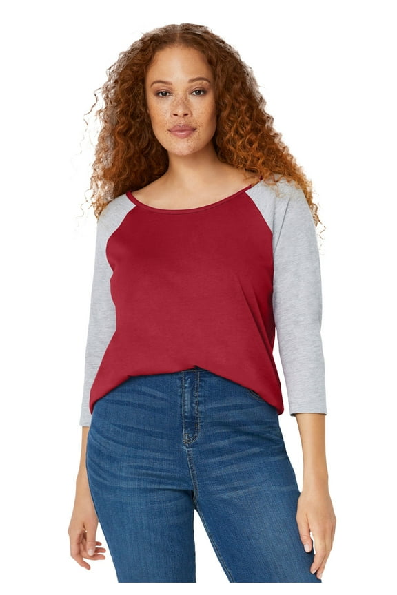 Women's Plus Size Colorblock 3/4 Sleeve Tee - 5X, Maroon Red Heather Grey