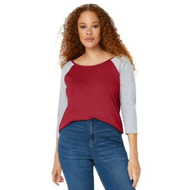 ellos Women's Plus Size Colorblock 3/4 Sleeve Tee - S, Maroon Red Heather Grey