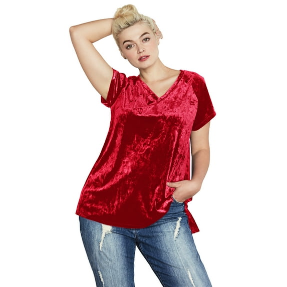 ellos Women's Plus Size Crushed Velour Tee - 26/28, Classic Red