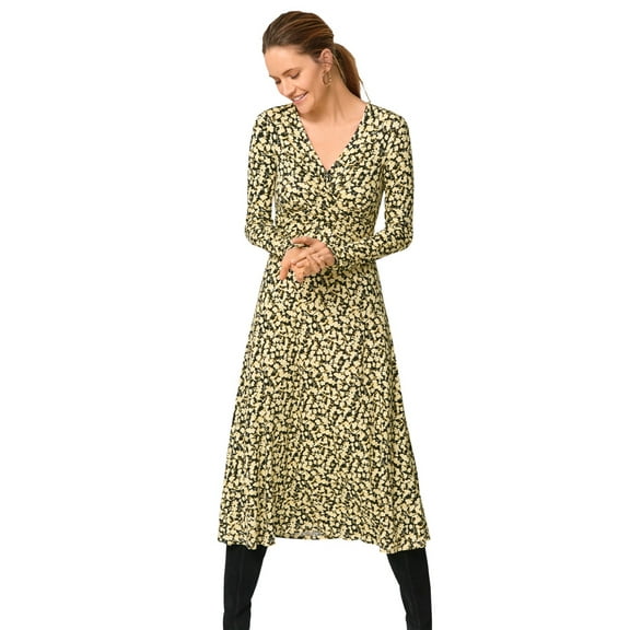 ellos Women's Plus Size Draped Bodice Knit Midi Dress - 10/12, Black Yellow Ditsy Floral