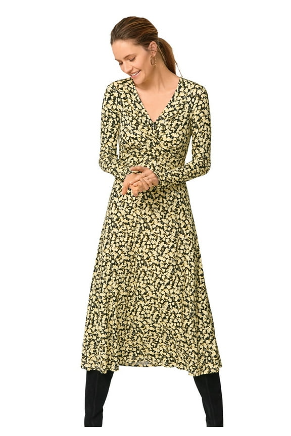 Women's Plus Size Draped Bodice Knit Midi Dress - 18/20, Black Yellow Ditsy Floral