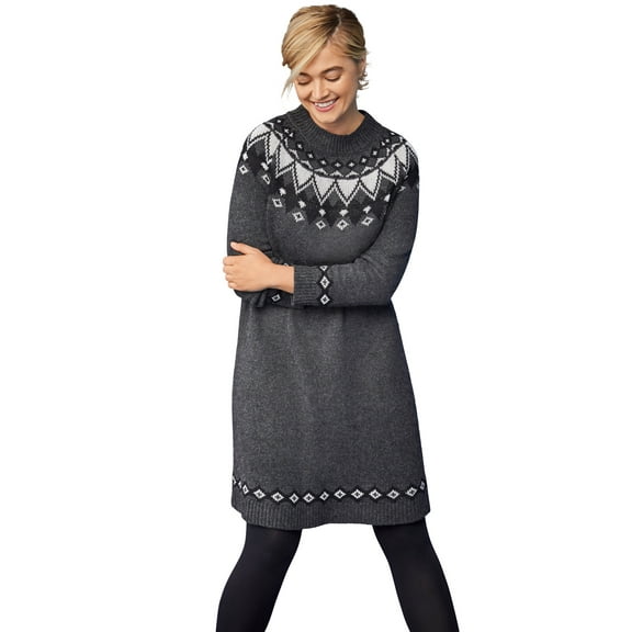 ellos Women's Plus Size Fair Isle Sweater Dress - 30/32, Heather Charcoal