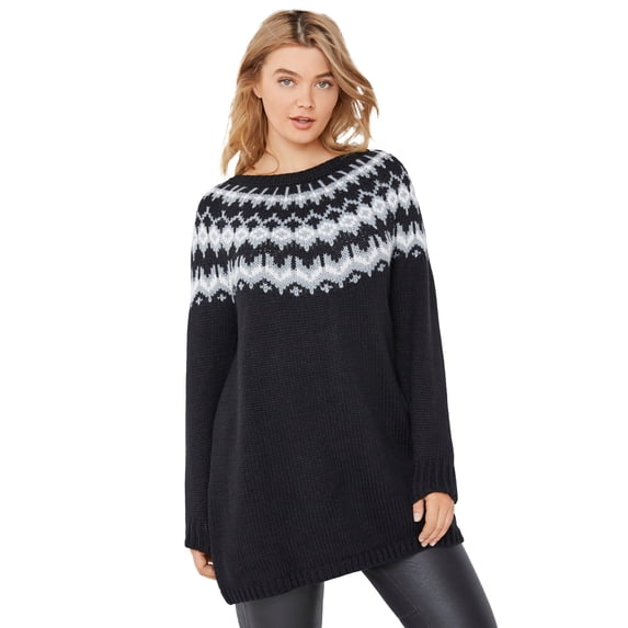 ellos Women's Plus Size Fairisle Sweater Tunic - 10/12, Black Fair Isle