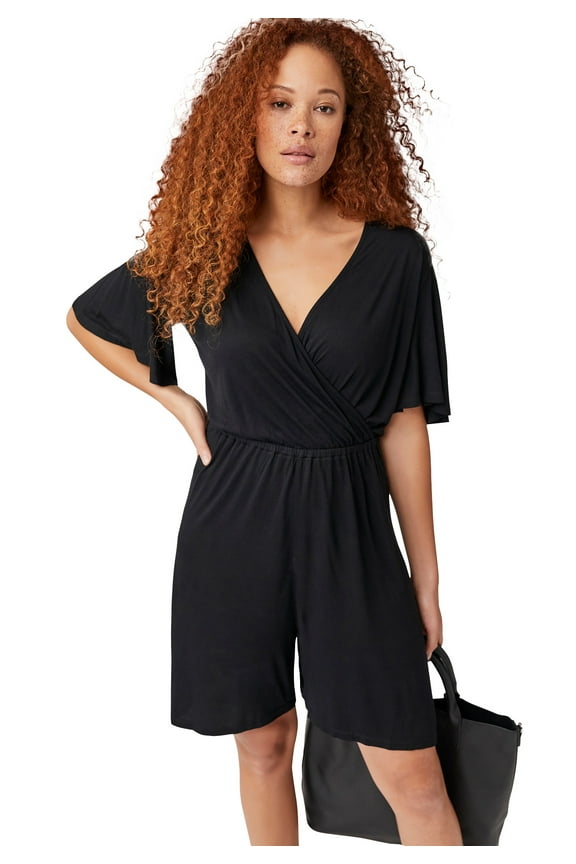 Women's Plus Size Flutter Sleeve Surplice Romper - 34/36, Black