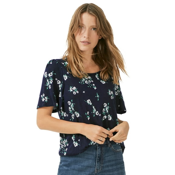 ellos Women's Plus Size Flutter Sleeve Tee - 10/12, Navy White Floral