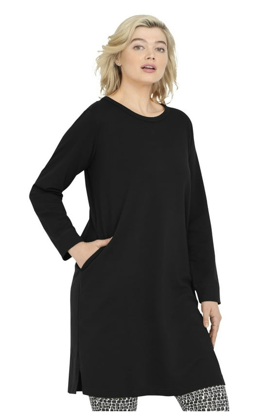 Women's Plus Size French Terry Tunic Dress - 1X, Black