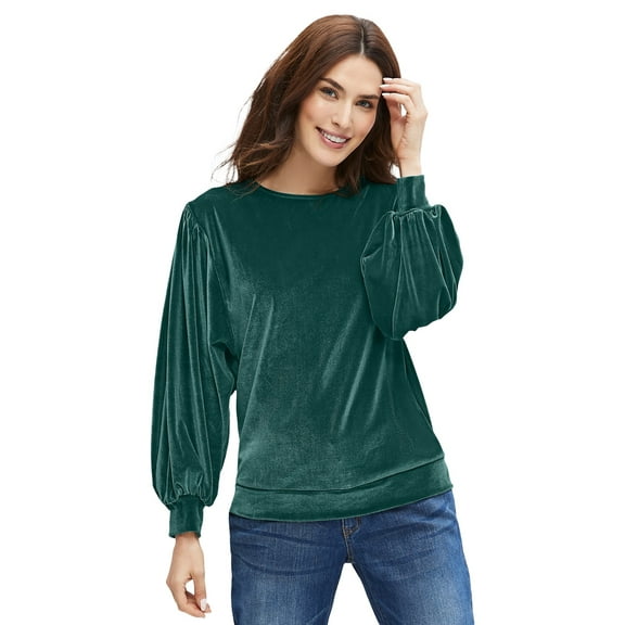 ellos Women's Plus Size Full Sleeve Velour Top - 26/28, Deep Emerald