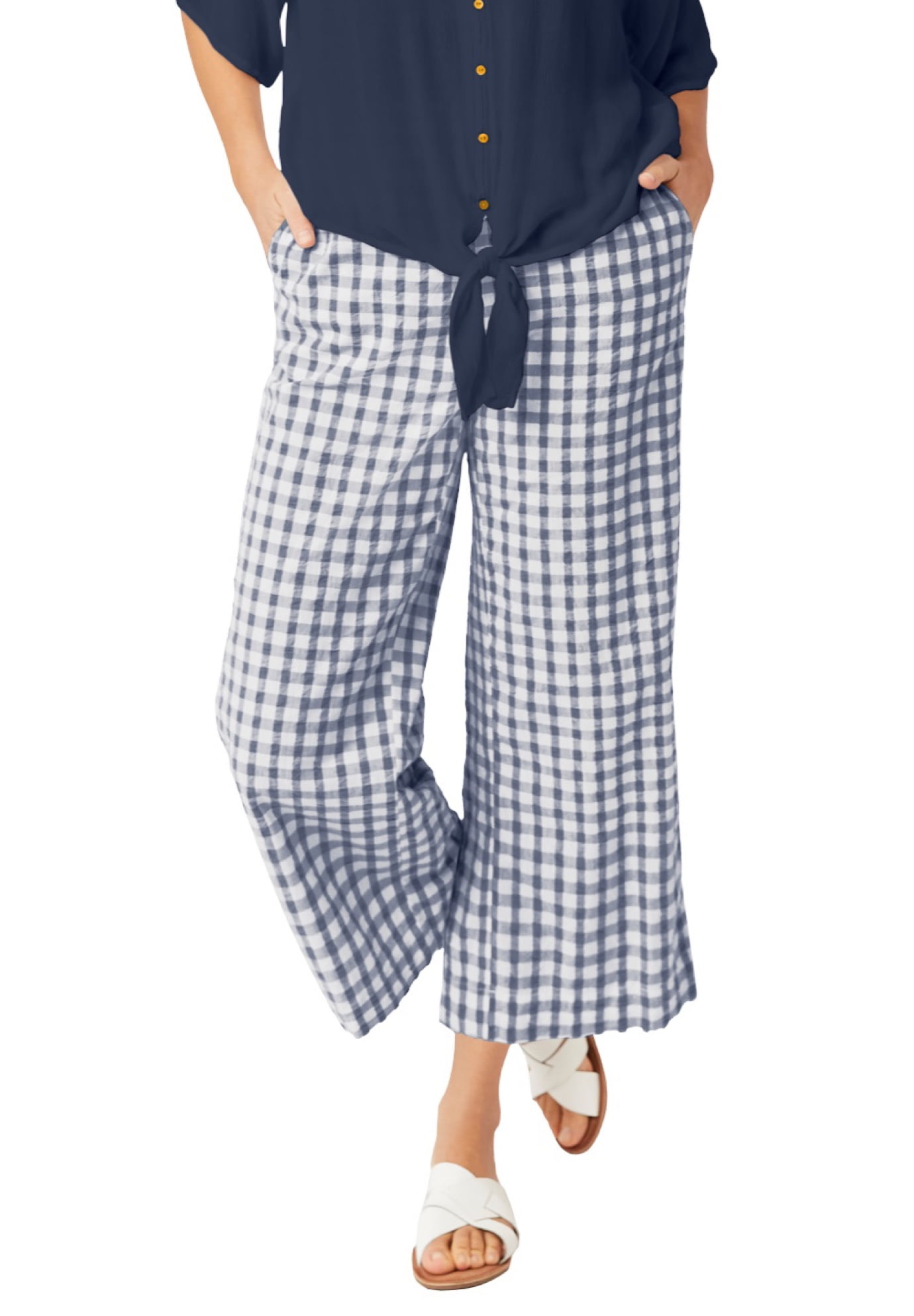 ellos Women's Plus Size Gingham Crop Pants - 28, Navy White Gingham ...