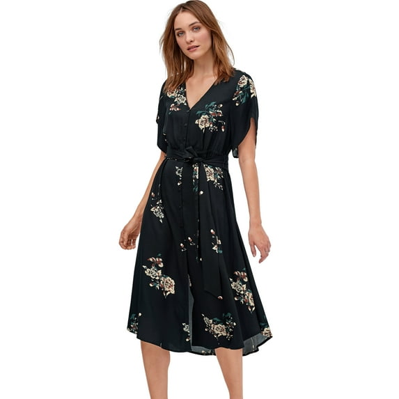 ellos Women's Plus Size Keyhole-Back Button-Front Shirtdress - 26, Black Floral Print