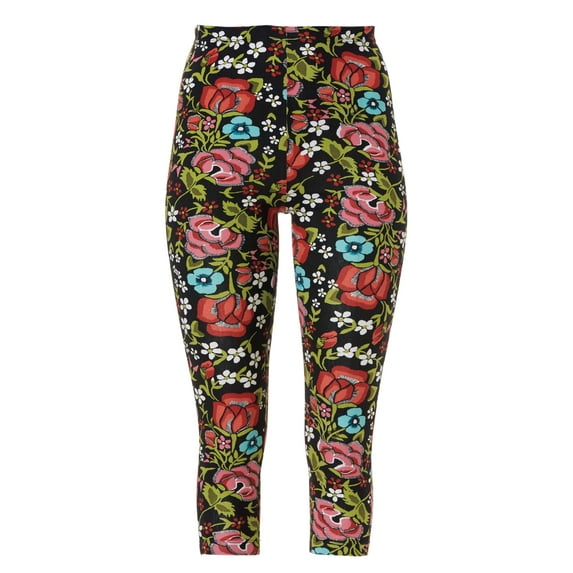 ellos Women's Plus Size Knit Capri Leggings - 26/28, Black Multi Floral Print