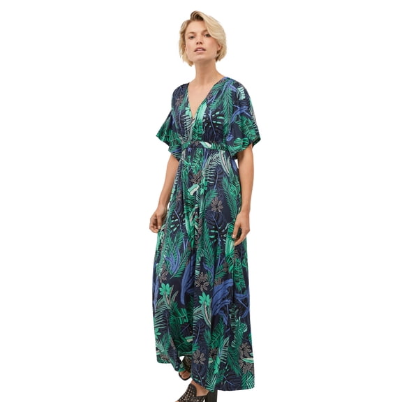 ellos Women's Plus Size Knit Tie-Back Maxi Dress - 18/20, Black Tropical Print
