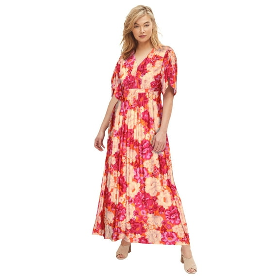 ellos Women's Plus Size Knit Tie-Back Maxi Dress - 34/36, Pink Multi Floral