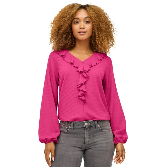 ellos Women's Plus Size Knit Top With Ruffled V-Neck - 18/20, Raspberry Sorbet