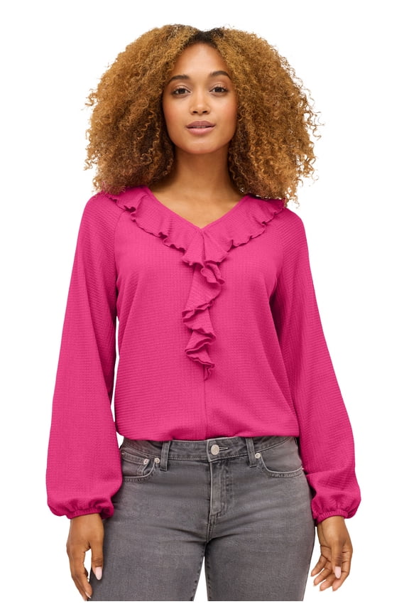 Women's Plus Size Knit Top With Ruffled V-Neck - 22/24, Raspberry Sorbet