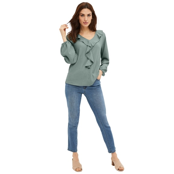 ellos Women's Plus Size Knit Top With Ruffled V-Neck - 26/28, Grey Spruce