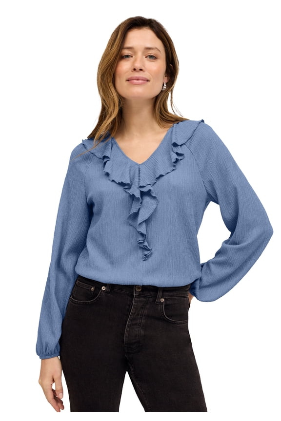 Plus Size Stretch Textured Knit V-Neck Ruffle Front Top