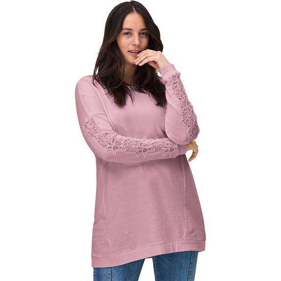 ellos Women's Plus Size Lace Trim Sweatshirt Tunic - 22/24, Dusty Pink