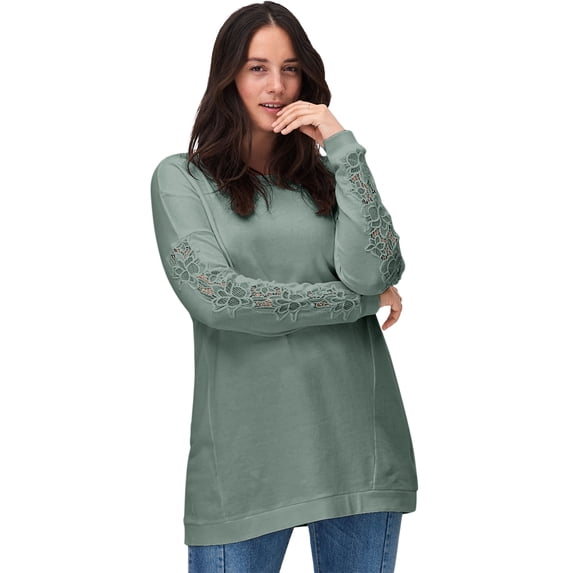 ellos Women's Plus Size Lace Trim Sweatshirt Tunic - 30/32, Dusty Pine