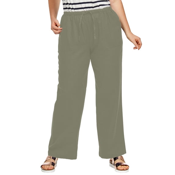 ellos Women's Plus Size Linen Blend Drawstring Pants - 10, Olive Grey