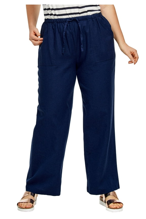 Women's Plus Size Linen Blend Drawstring Pants - 16, Navy