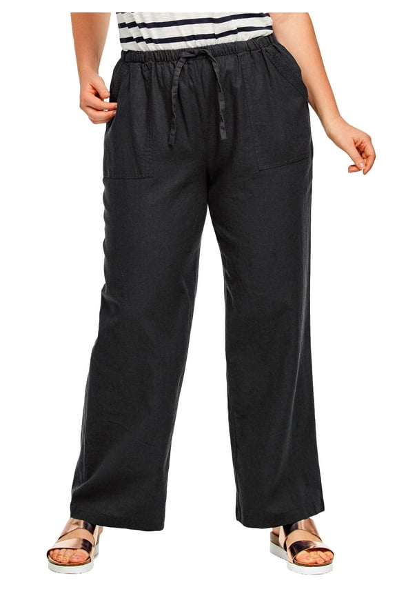 Women's Plus Size Linen Blend Drawstring Pants - 24, Black