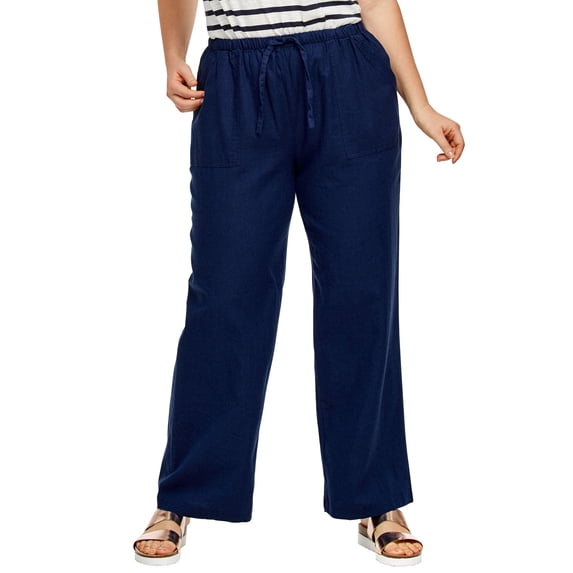 ellos Women's Plus Size Linen Blend Drawstring Pants - 26, Navy