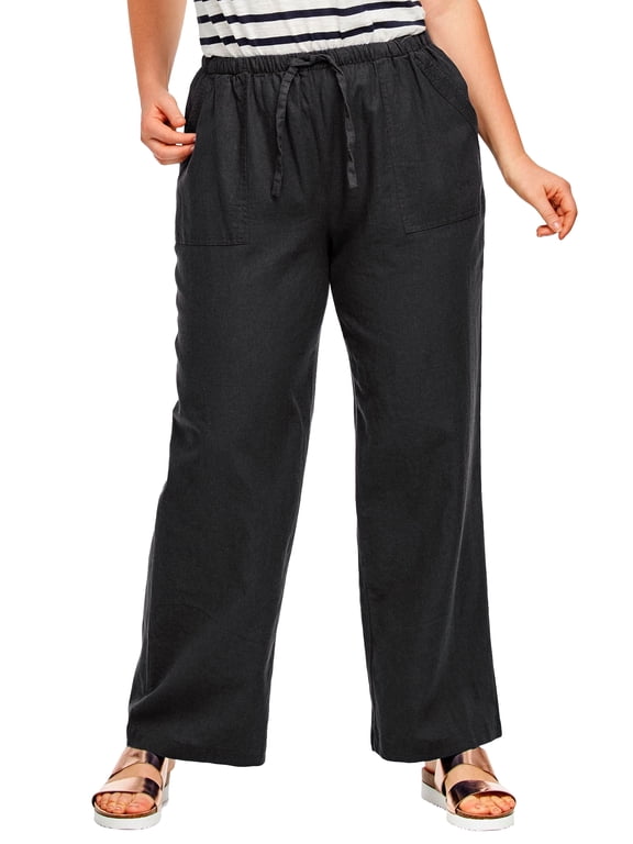 Women's Plus Size Linen Blend Drawstring Pants - 32, Black