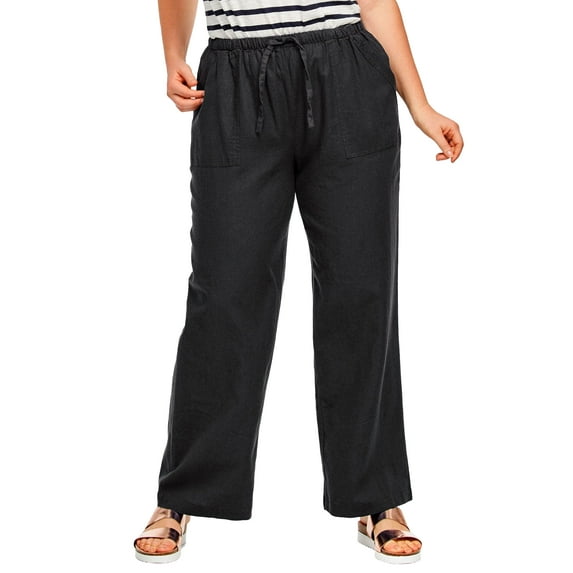 ellos Women's Plus Size Linen Blend Drawstring Pants - 34, Black