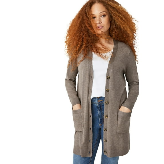 ellos Women's Plus Size Long Boyfriend Cardigan With Tortoise Buttons - 10/12, Latte Heather