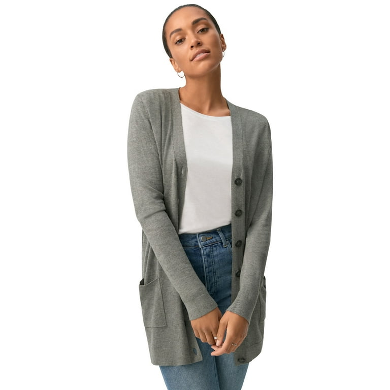 ellos Women s Plus Size Long Boyfriend Cardigan With Tortoise Buttons 22 24 Medium Heather Grey
